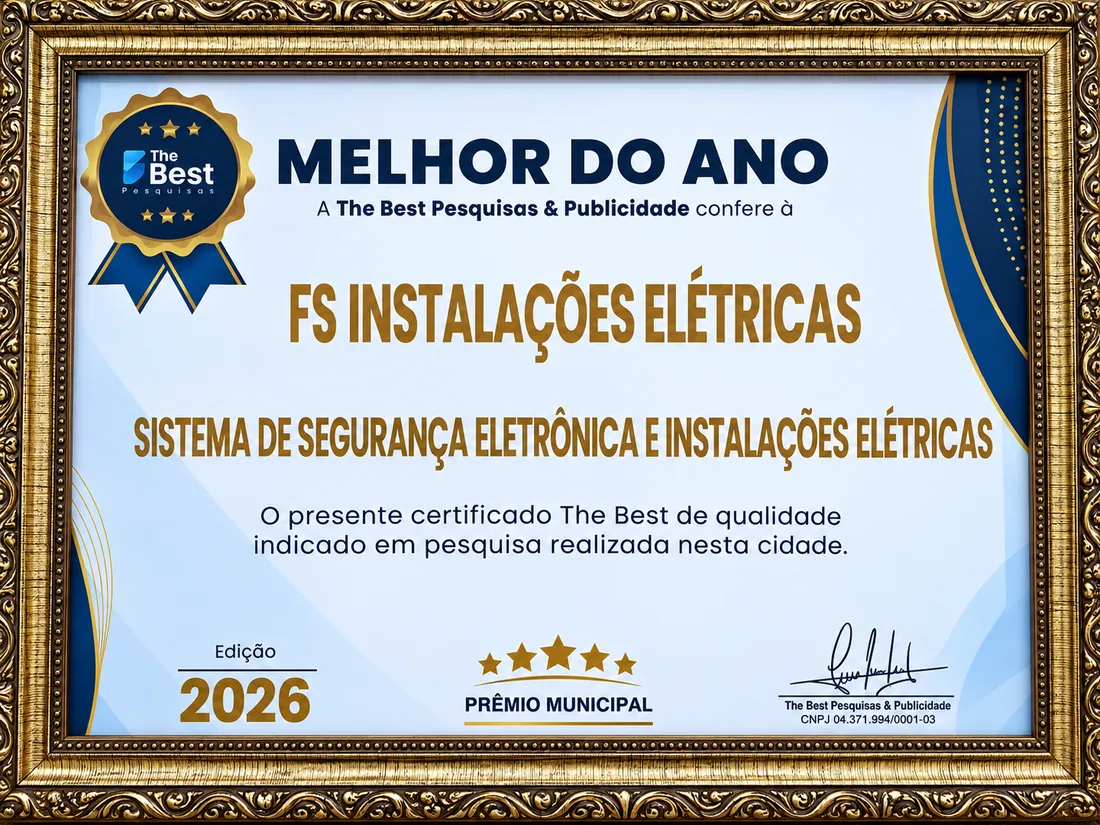 Certificado Melhor do Ano 2026, de The Best Pesquisas & Publicidade, conferido à FS Instalações Elétricas pela categoria Sistema de segurança eletrônica e instalações elétricas
