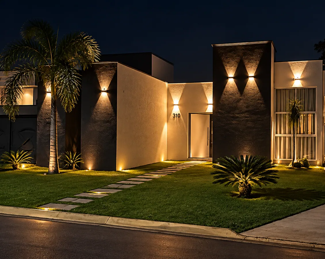Fachada de residência à noite com arandelas iluminando as paredes, balizadores no jardim e caminho de pedras