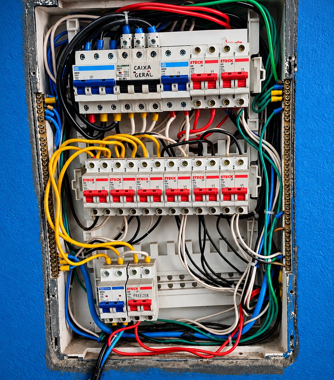 Quadro elétrico antes da intervenção, com fiação desorganizada e cabos cruzados
