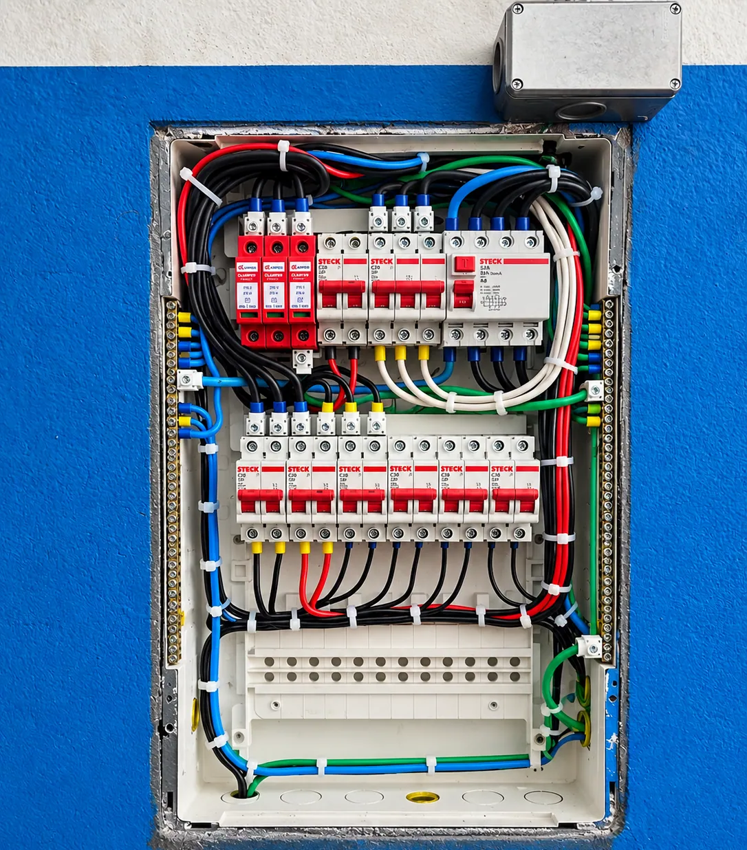 O mesmo quadro elétrico depois da intervenção, com cabos organizados e fixados com abraçadeiras